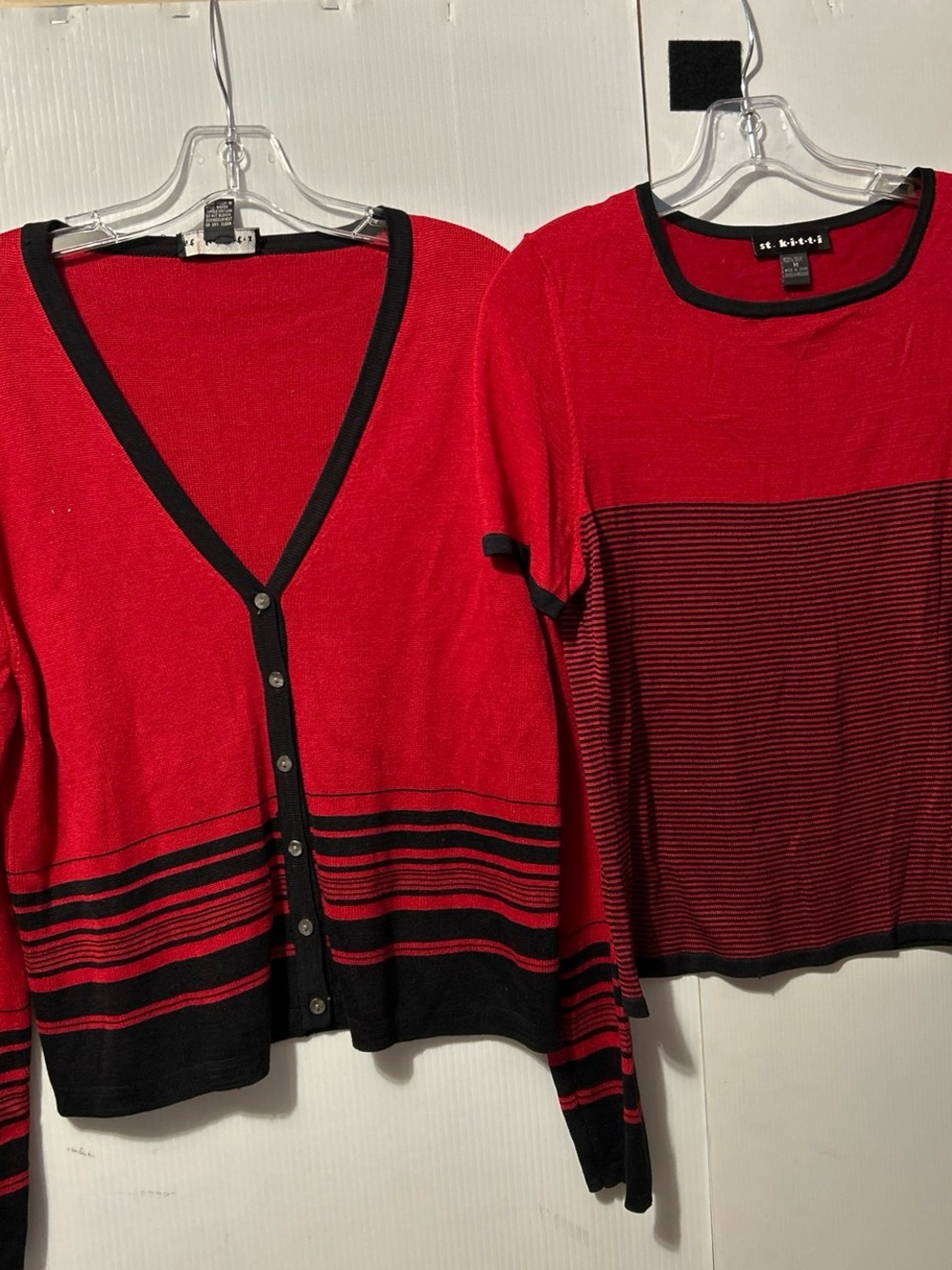 St. John Red and Black Knit Cardigan & Sweater Set